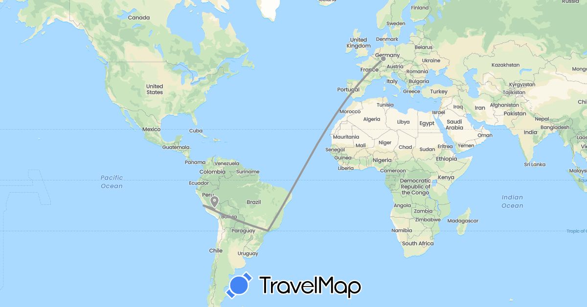 TravelMap itinerary: driving, plane in Brazil, Germany, Peru (Europe, South America)